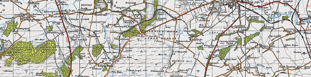 Old map of Alnwick Moor or Aydon Forest (Outer) in 1947