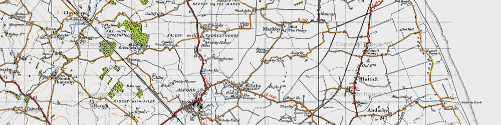 Old map of Asserby Turn in 1946