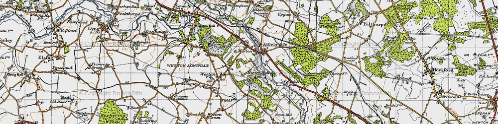 Old map of Attlebridge Hills in 1945