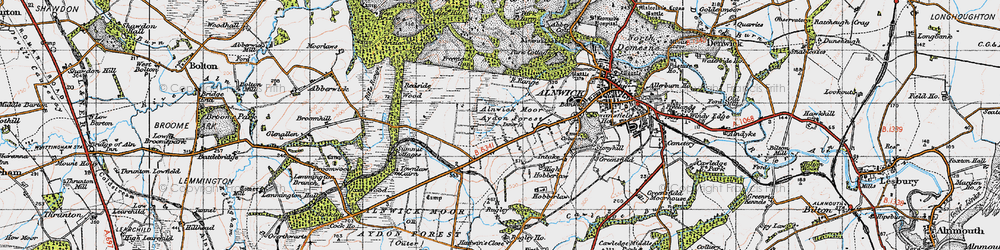 Old map of Aydon Forest in 1947