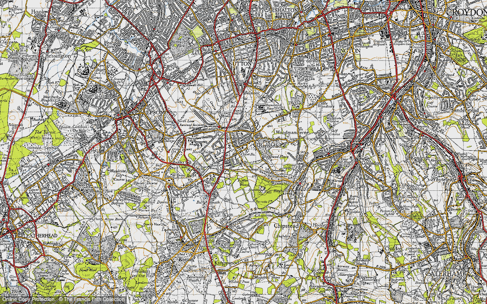 Old Map of Historic Map covering Banstead Place in 1945
