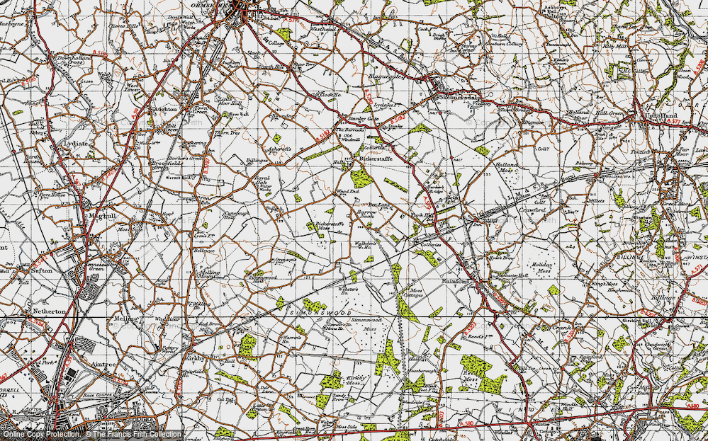 Old Map of Historic Map covering Bickerstaffe Moss in 1947
