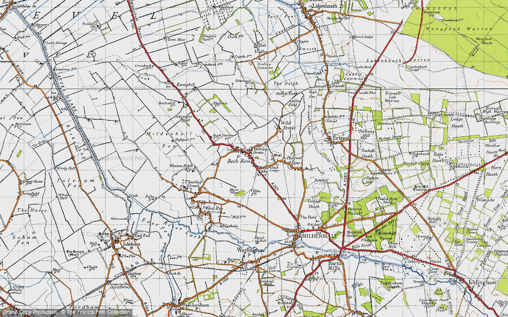 Old Map of Historic Map covering Mildenhall Airfield in 1946