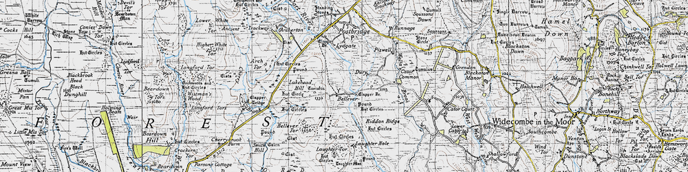 Old map of Bellever Tor in 1946