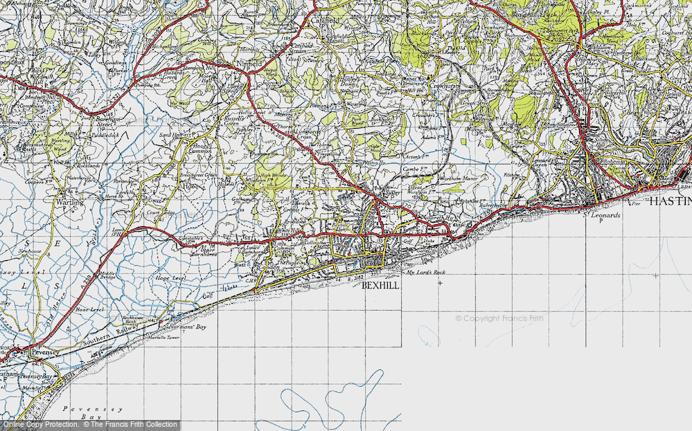 Old Map of Historic Map covering Bexhill Down in 1940