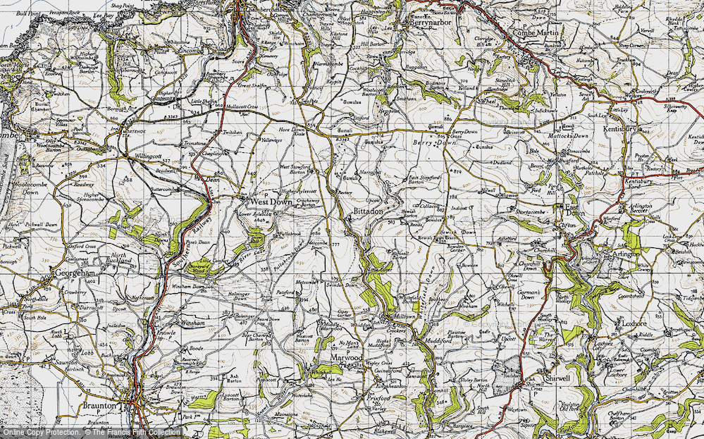 Old Map of Historic Map covering West Stowford Barton in 1946