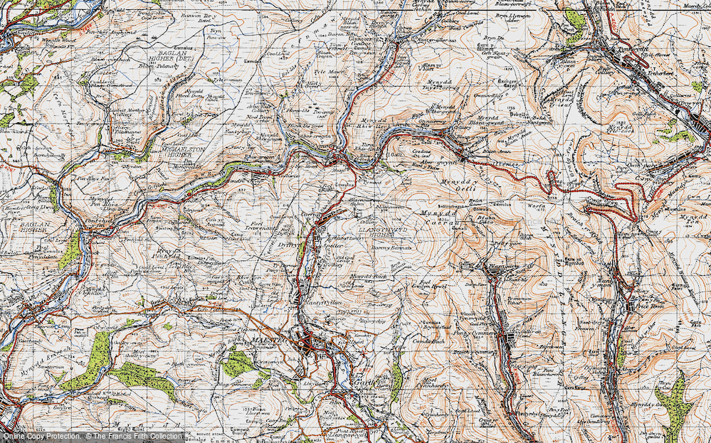 Old Map of Historic Map covering Mynydd Caerau in 1947
