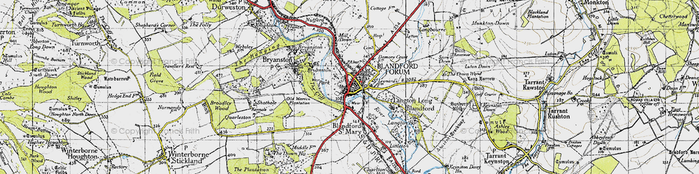Old map of Blandford Forum in 1945