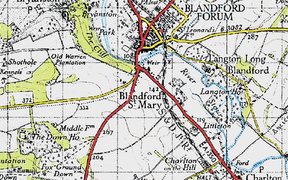 Old map of Blandford St Mary in 1945