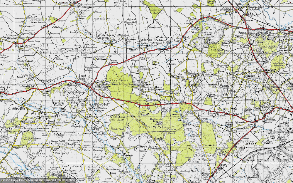 Old Map of Historic Map covering Bloxworth Heath in 1945