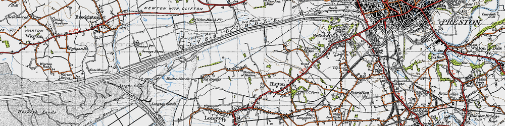 Old map of Bottom of Hutton in 1947