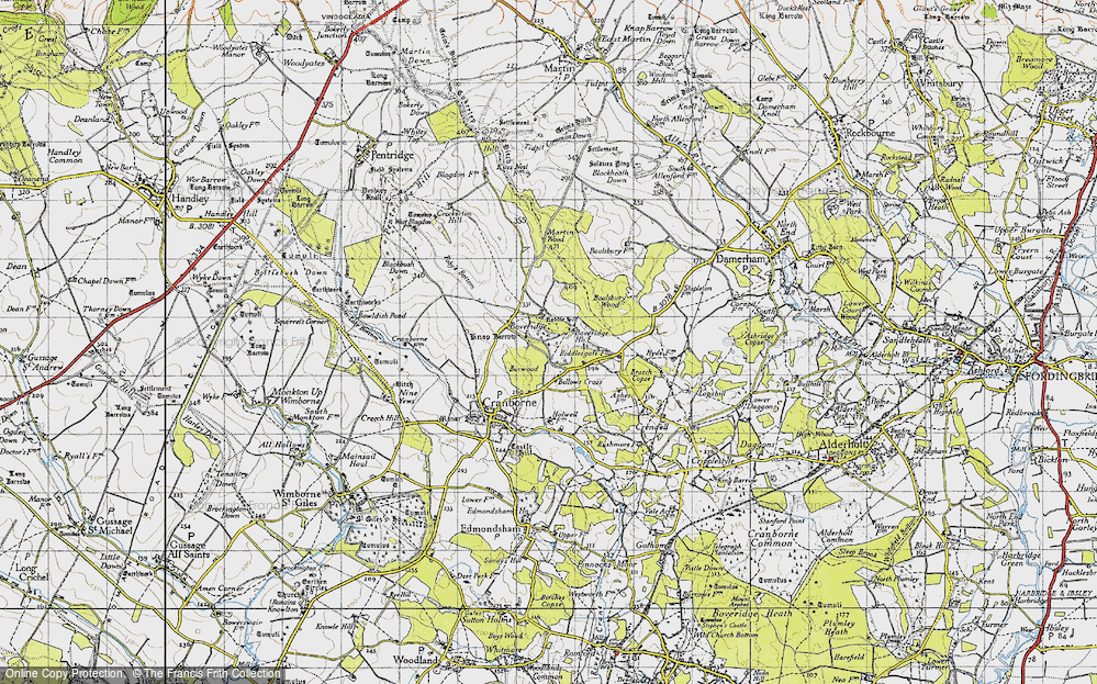 Old Map of Historic Map covering Boveridge Ho in 1940