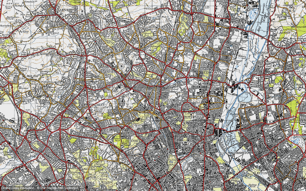 Old Map of Historic Map covering Broomfield Park in 1945