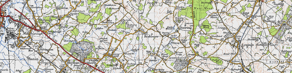 Old map of Brabourne in 1940