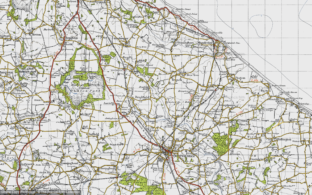 Old Map of Historic Map covering Bradfield Br in 1945
