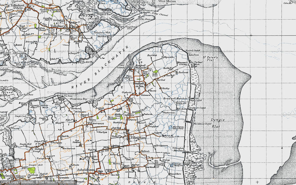 Old Map of Historic Map covering Bradwell Marshes in 1945