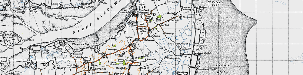 Old map of Bradwell Marshes in 1945
