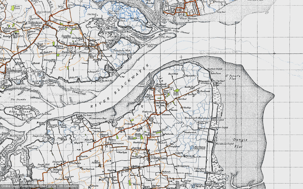 Old Map of Historic Map covering Bradwell Creek in 1945
