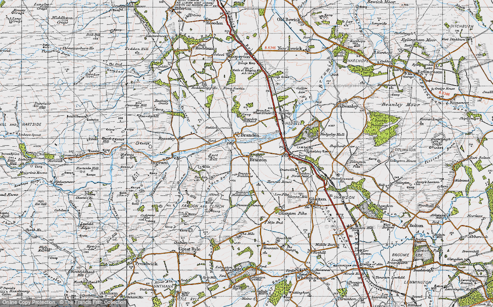 Old Map of Historic Map covering Brandon Hillhead in 1947