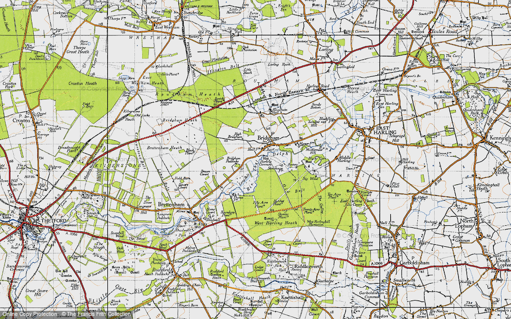 Old Map of Historic Map covering Brettenham Heath in 1946