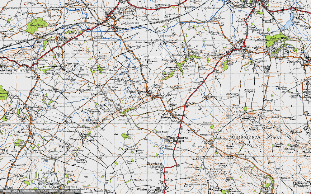 Old Map of Historic Map covering Broadtown Hill in 1947