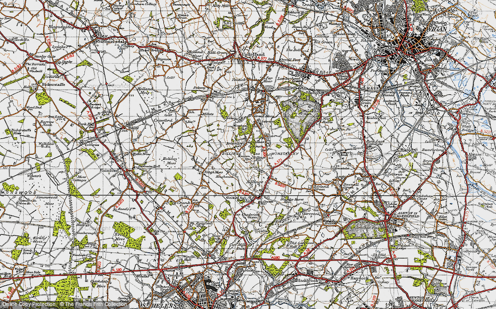 Old Map of Historic Map covering Billinge Hill in 1947
