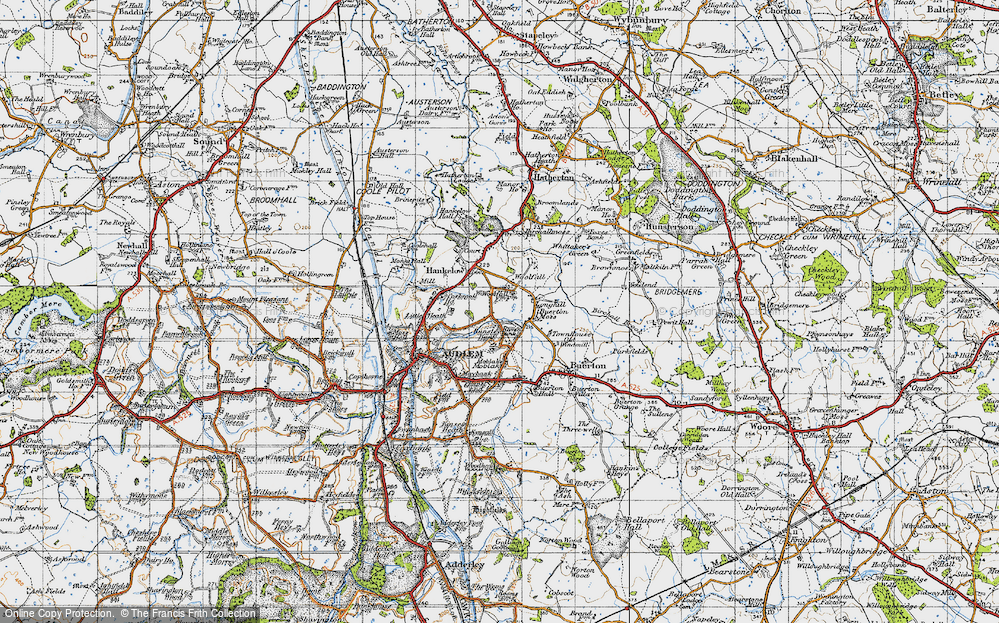 Old Map of Historic Map covering Buerton Moss in 1947