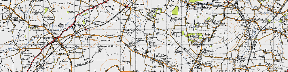 Old map of Bunwell Bottom in 1946