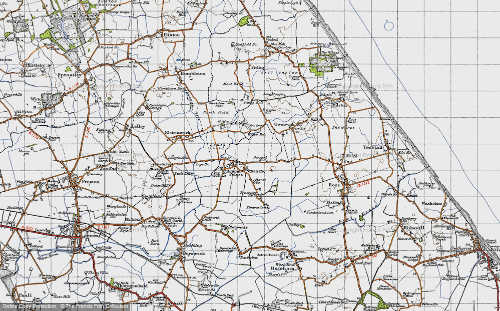 Old Map of Historic Map covering Willow Toft Fox Covert in 1947