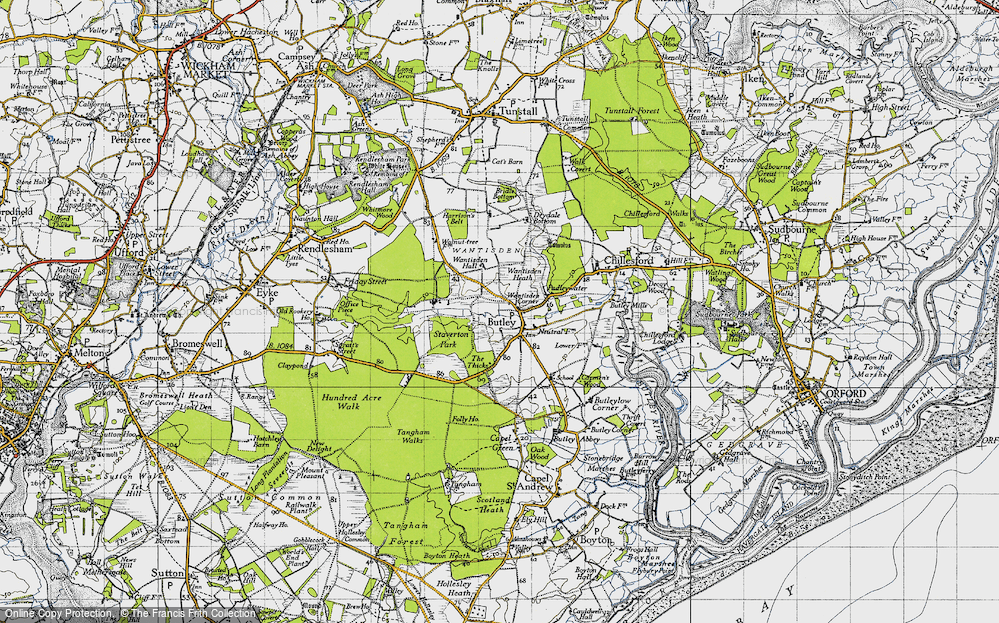 Old Map of Historic Map covering Bentwaters Airfield (disused) in 1946