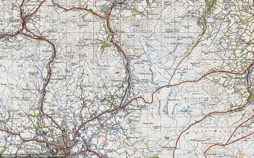 Old Map of Historic Map covering Blackstone Edge Reservoir in 1947