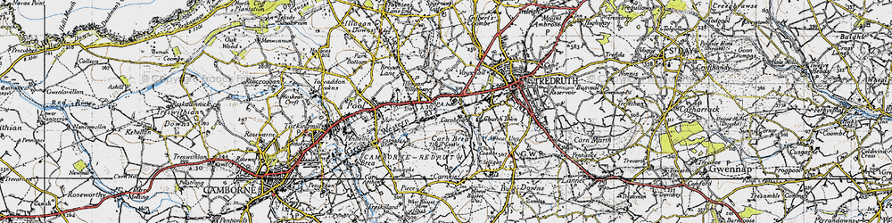 Old map of Carn Brea Village in 1946