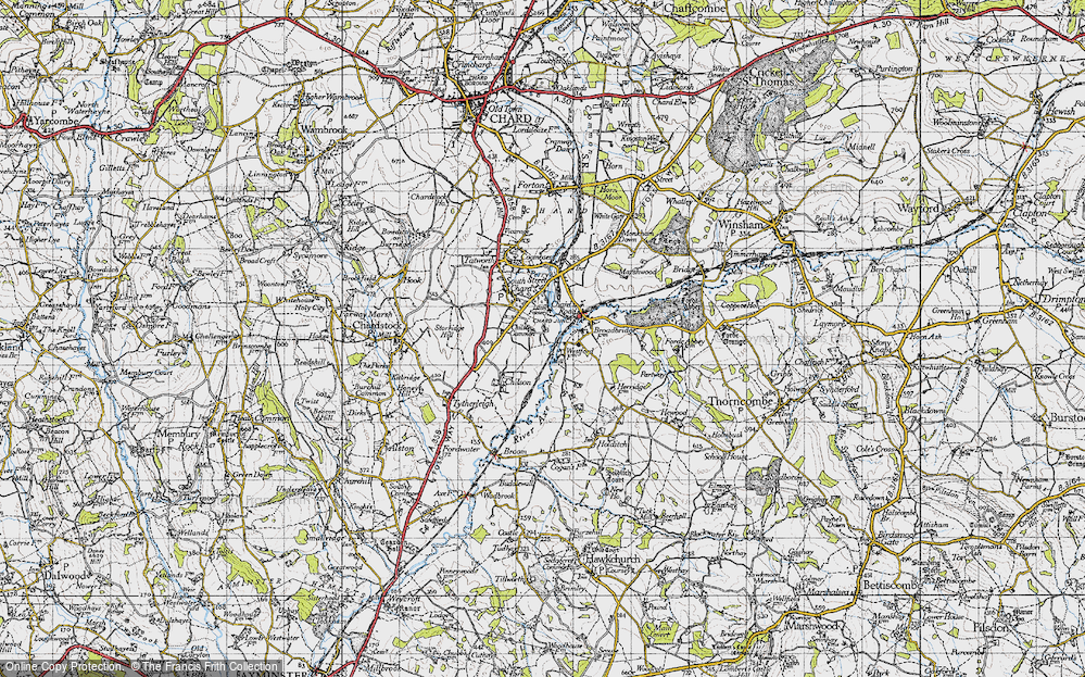 Old Map of Historic Map covering River Axe in 1945