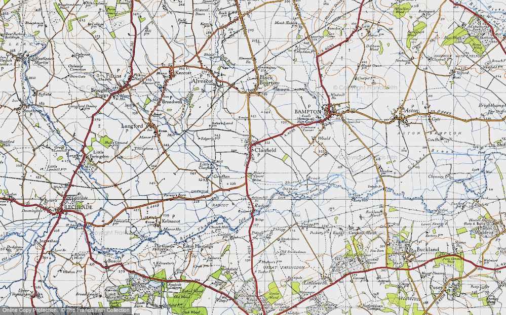 Old Map of Historic Map covering Black Bourton Brook in 1947