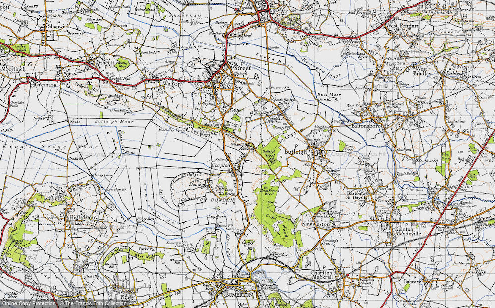 Old Map of Historic Map covering Butleigh Wood in 1945