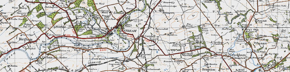Old map of Cornhill on-Tweed in 1947