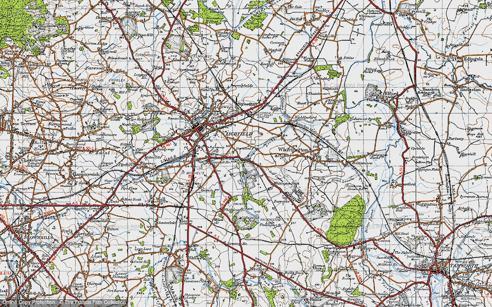 Old Map of Historic Map covering Whittington Heath in 1946