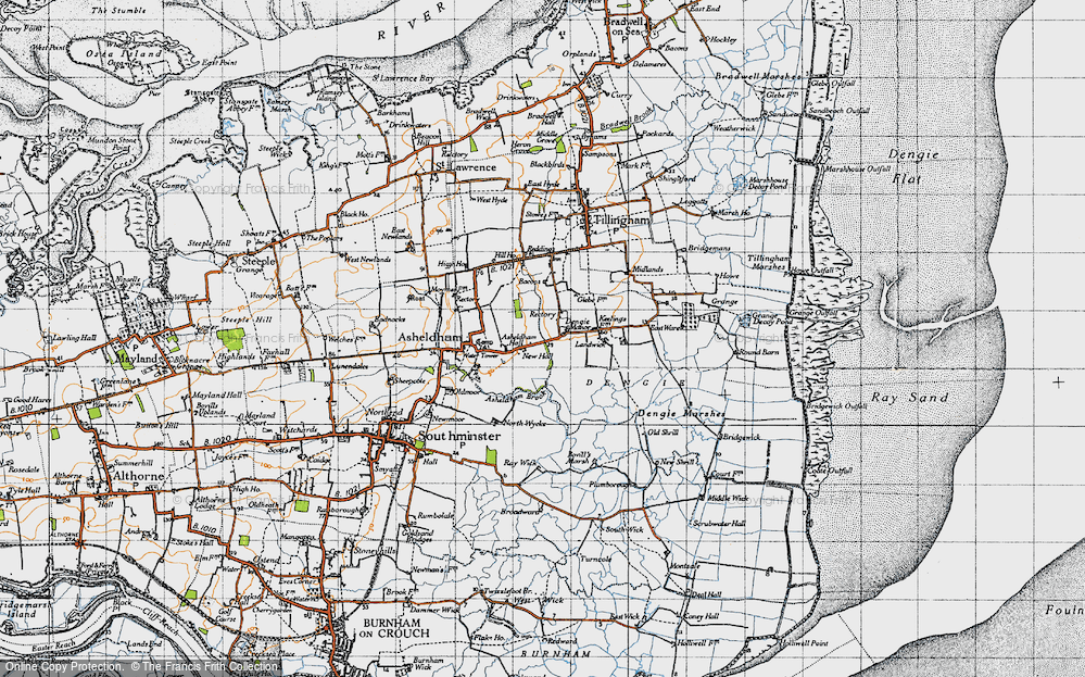Old Map of Historic Map covering Asheldham Brook in 1945