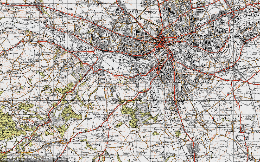 Old Map of Historic Map covering Whickham Thorns in 1947