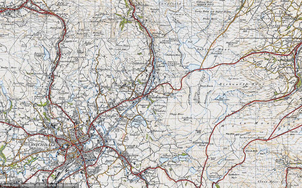 Old Map of Historic Map covering Blackstone Edge Fold in 1947