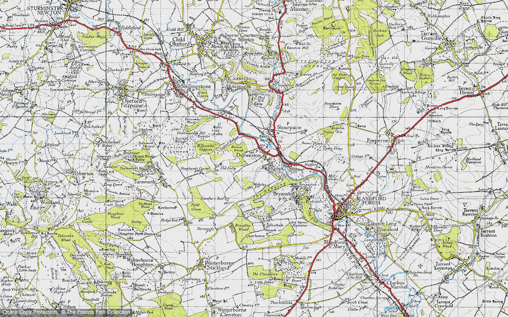 Old Map of Historic Map covering Blandford Forest in 1945