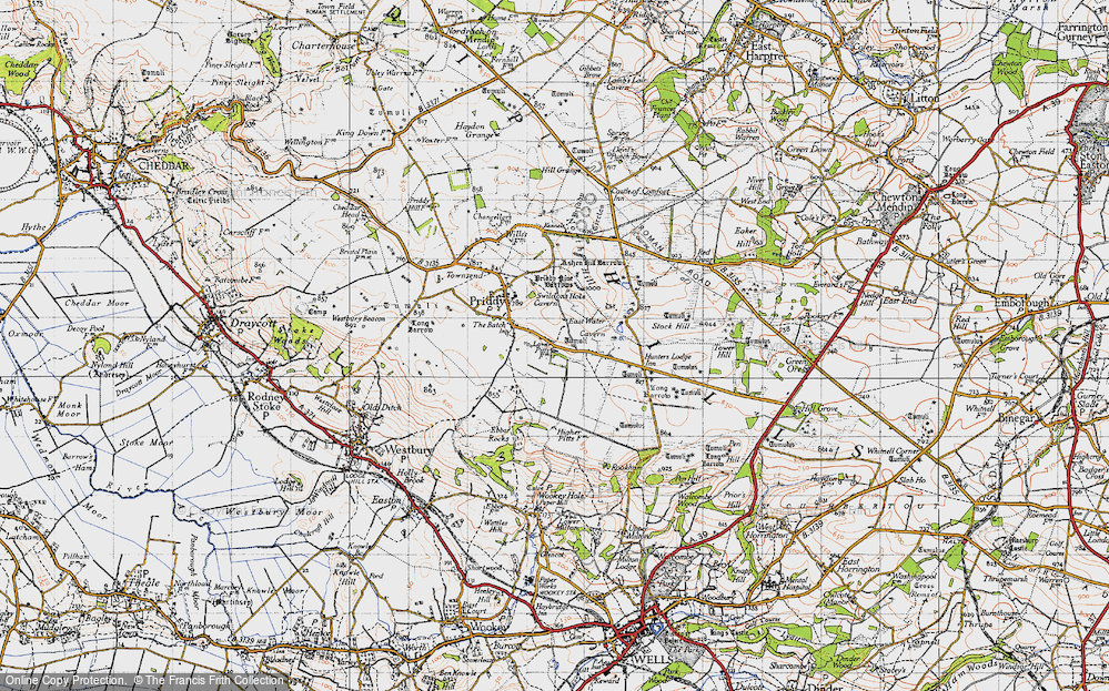 Old Map of Historic Map covering Priddy Nine Barrows in 1946