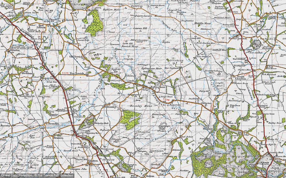 Old Map of Historic Map covering Beanley Moor in 1947