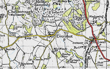 Old map of Evershot in 1945