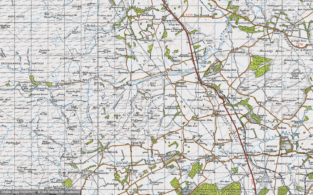 Old Map of Historic Map covering Branton Middlesteads in 1947