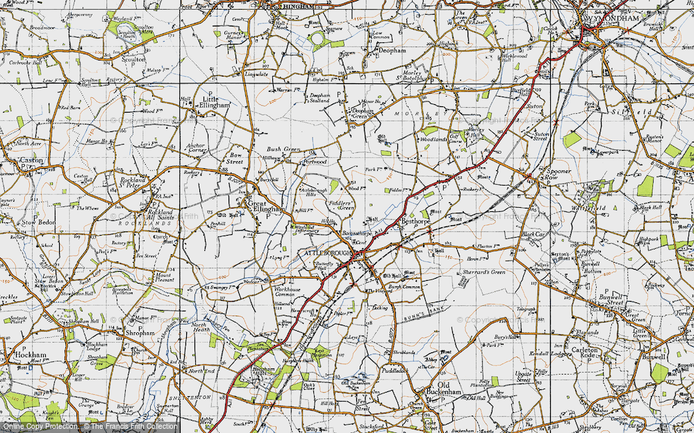 Old Map of Historic Map covering Attleborough Hills in 1946