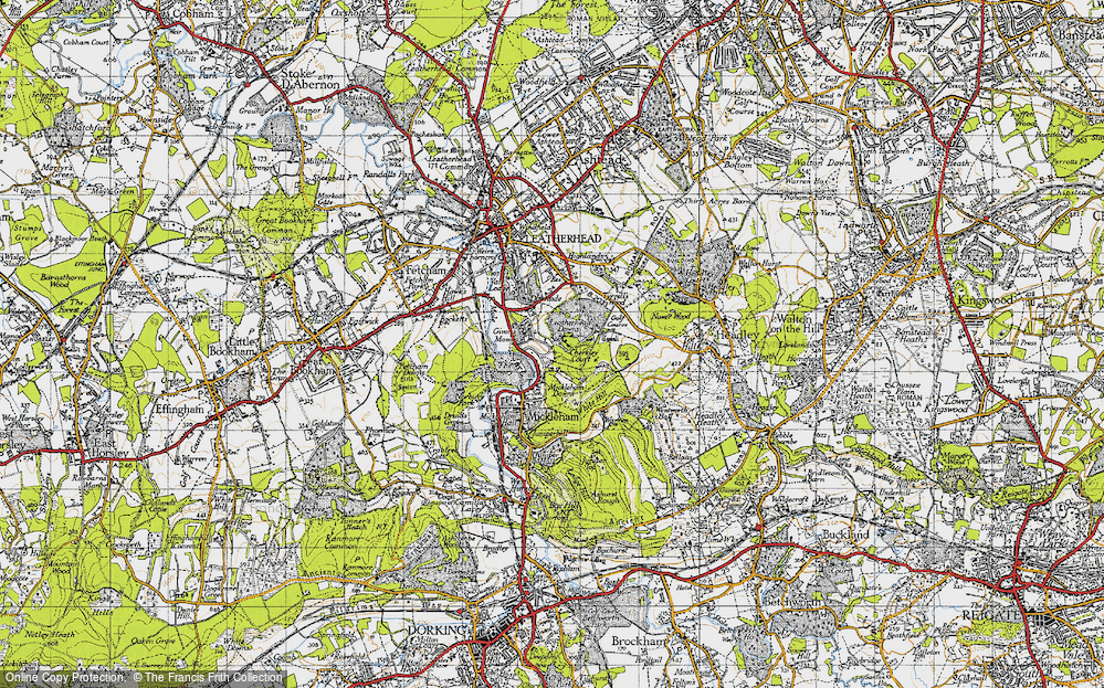 Old Map of Historic Map covering Leatherhead Downs in 1945