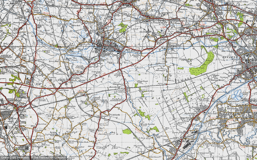 Old Map of Historic Map covering Bedford Moss in 1947