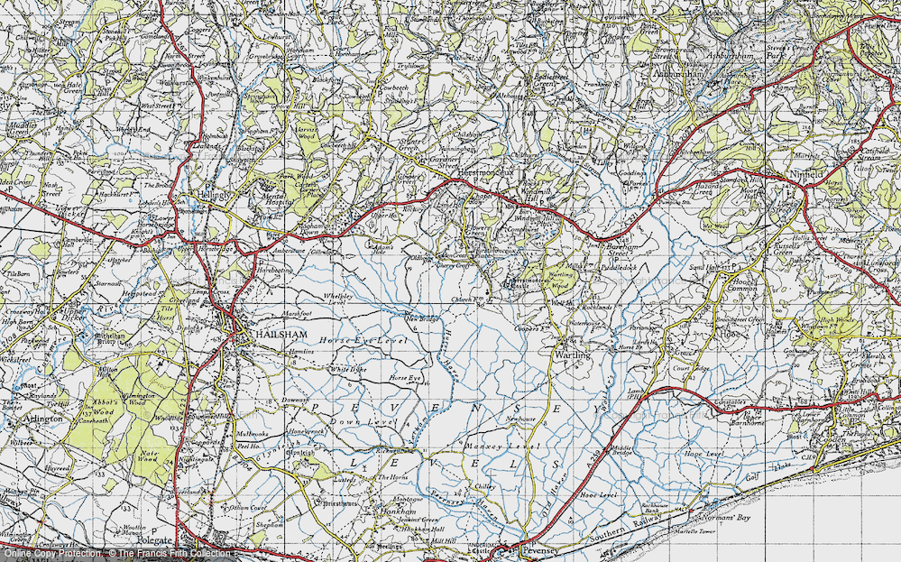 Old Map of Historic Map covering Herstmonceux Castle in 1940