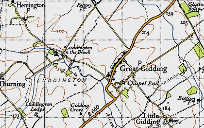 Old map of Great Gidding in 1946